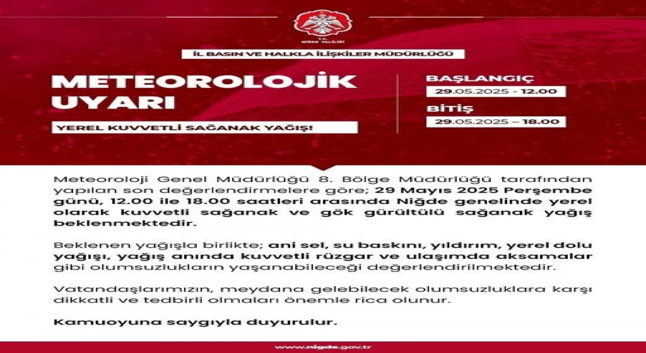 Niğdede kuvvetli sağanak yağış uyarısı