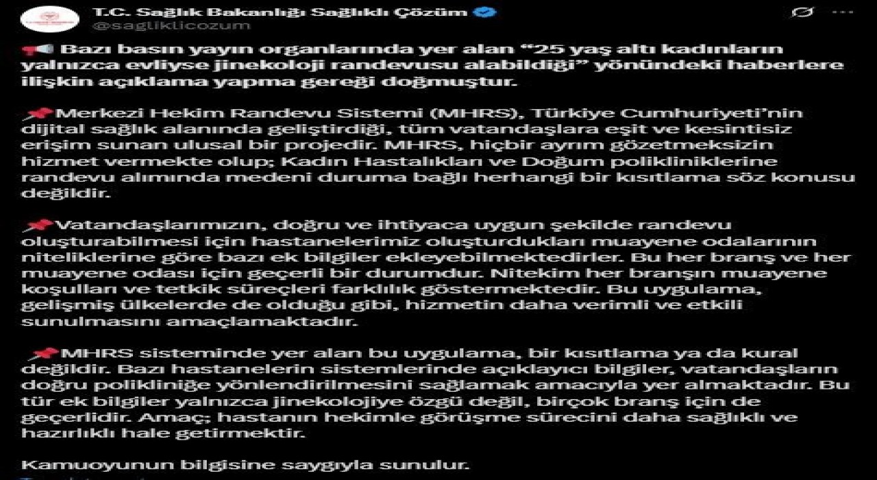 Sağlık Bakanlığından 25 yaşından küçük bekar kadınların jinekoloji randevusu alınmadığı iddiasına ilişkin açıklama