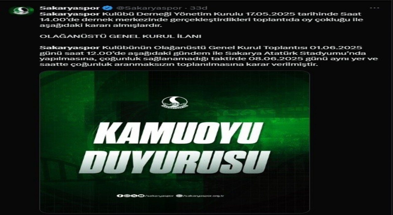 Sakaryasporda Olağanüstü Genel Kurul kararı