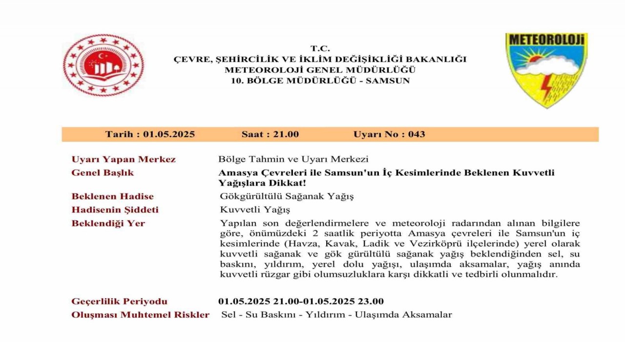 Samsunda kuvvetli yağış uyarısı