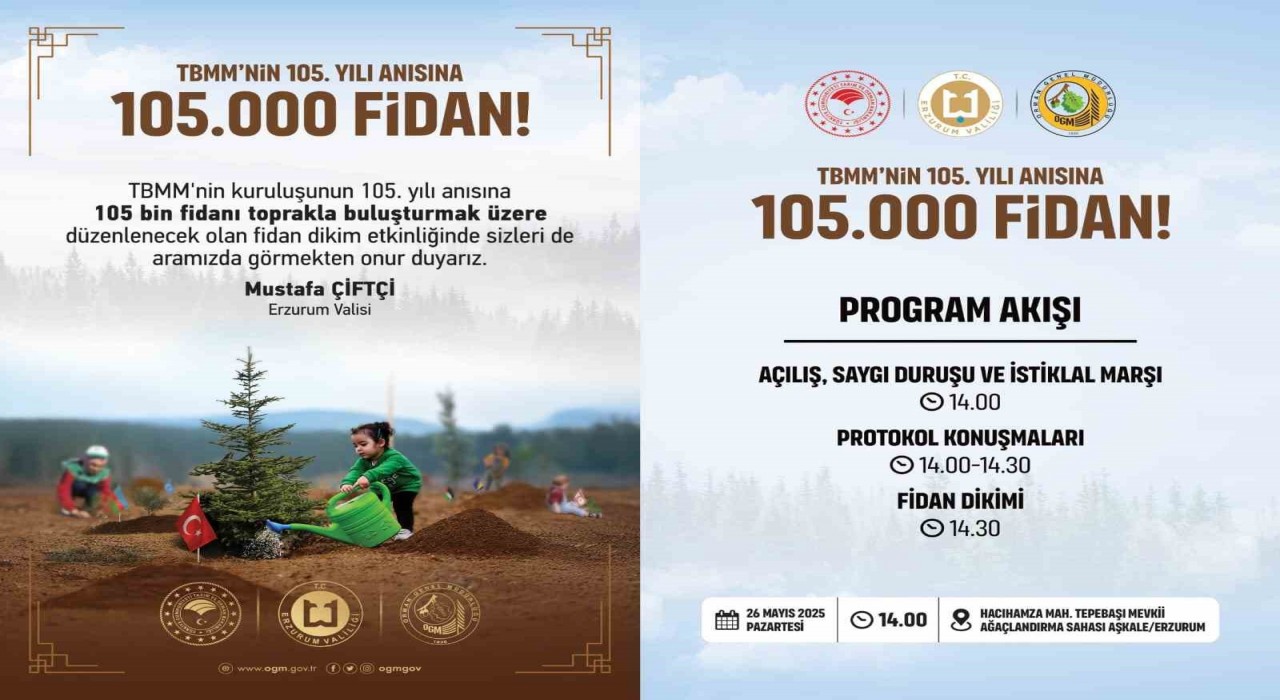 TBMMnin 105.yılı anısına Erzurumda 105 bin fidan toprakla buluşacak