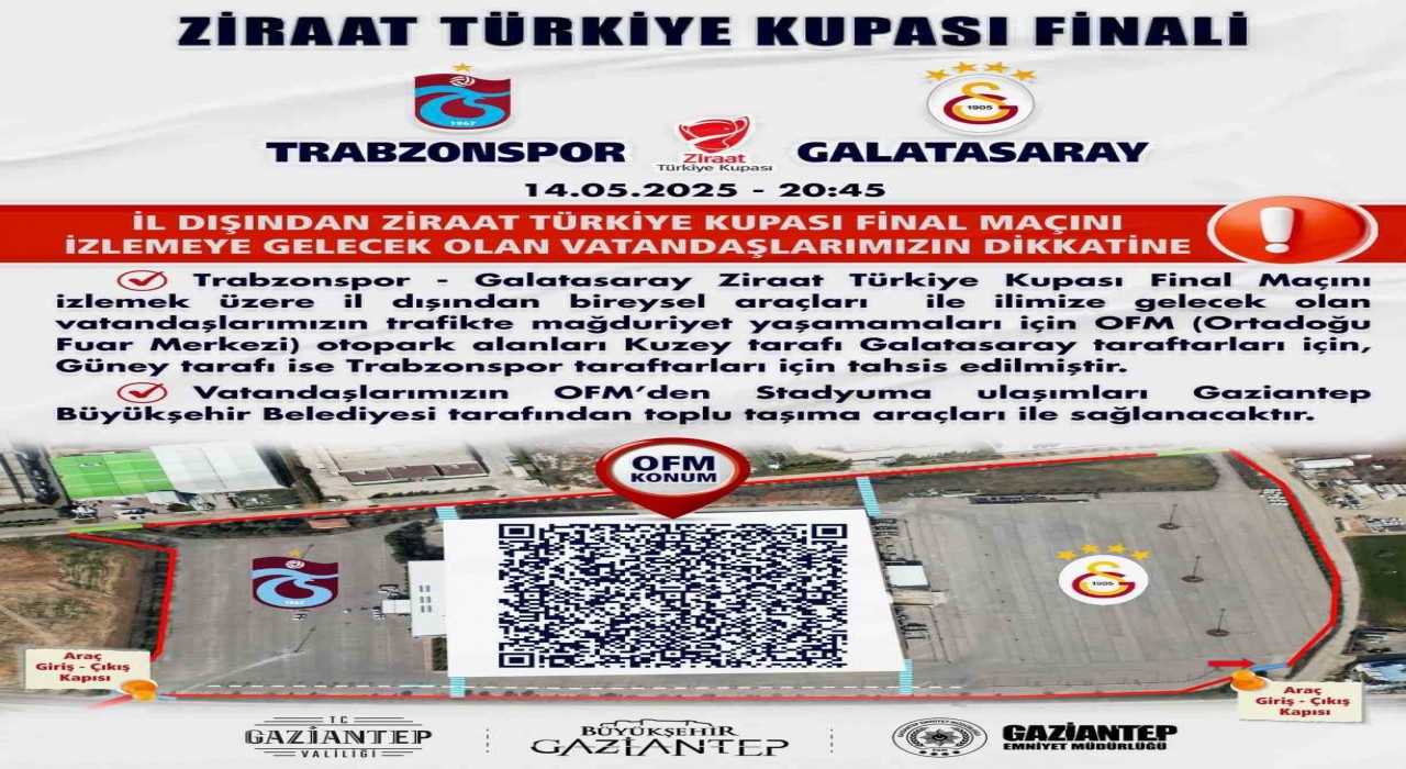 Türkiye Kupası finaline araçlarıyla gelecek taraftarlar için Gaziantepteki otopark alanları belirlendi