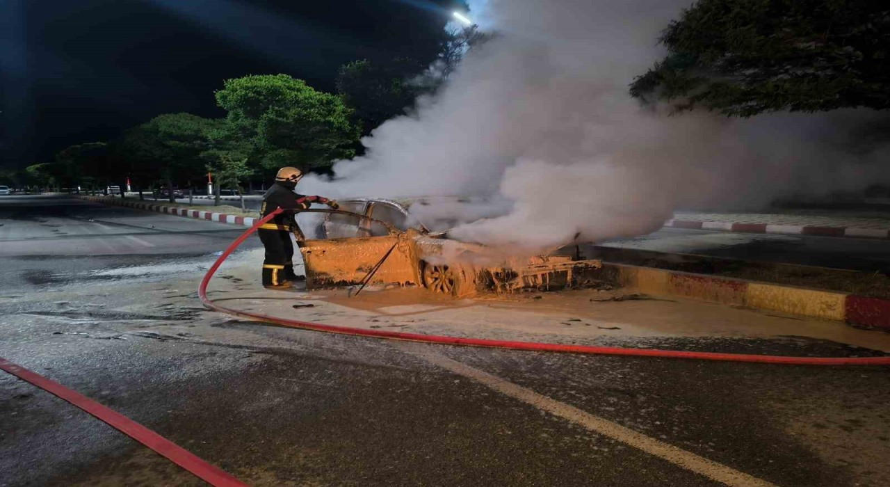 Vanda park halindeki araca çarpan otomobil alev alev yandı