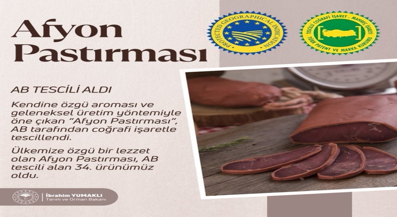 Bakan Yumaklı: Afyon Pastırması, Avrupa Birliğinden coğrafi işaret tescili alan 34üncü ürünümüz oldu