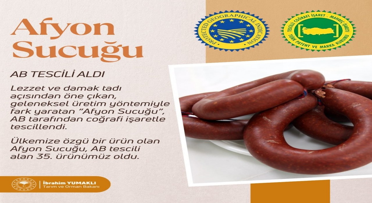 Bakan Yumaklı: Afyon sucuğu, Avrupa Birliğinden coğrafi işaret tescili alarak 35. tescilli ürünümüz oldu