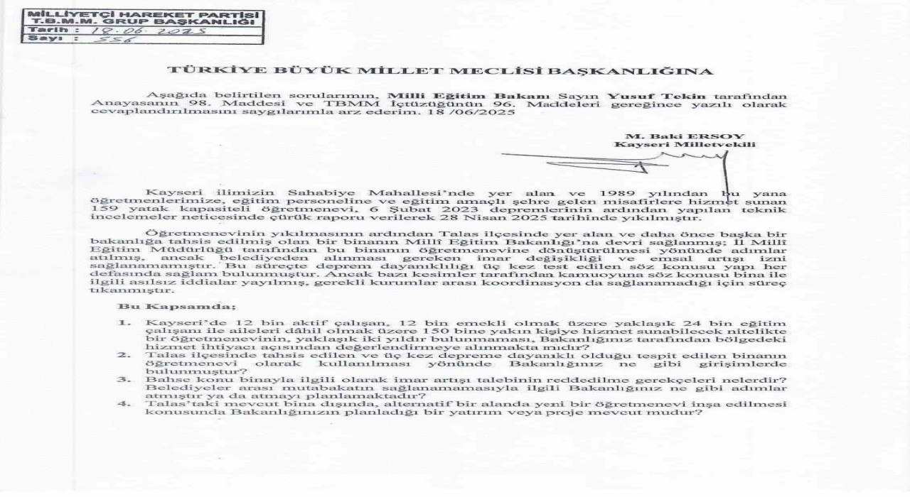 Baki Ersoydan ‘Kayseri Öğretmenevi için soru önergesi