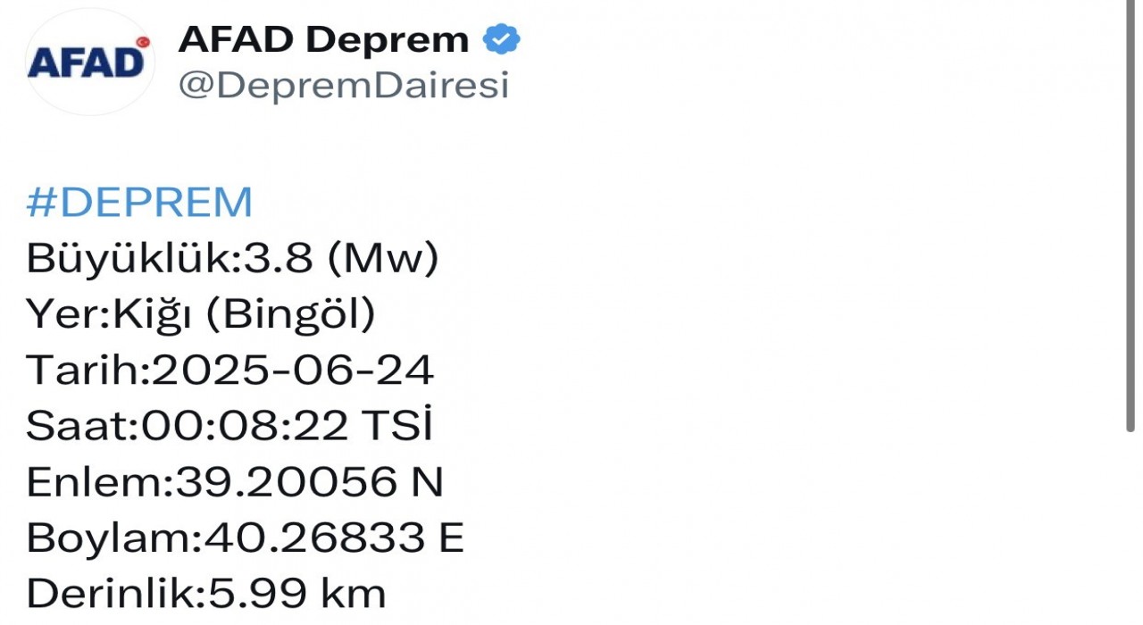 Bingölde 3.8 büyüklüğünde deprem
