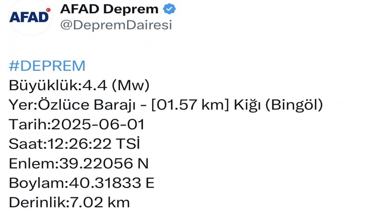 Bingölde 4,4 büyüklüğünde deprem