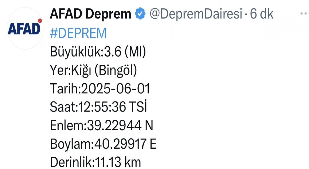 Bingölde bir deprem daha
