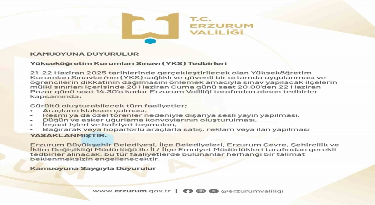 Erzurum Valiliğinden YKS önlemleri