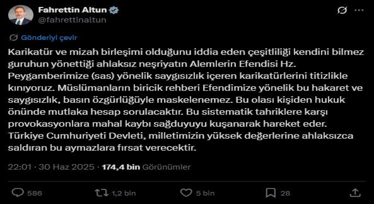 Fahrettin Altun: Peygamberimize yönelik saygısızlık içeren karikatürleri şiddetle kınıyoruz