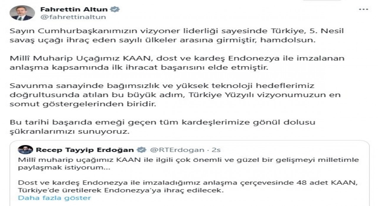 Fahrettin Altun: Türkiye, KAAN ile 5. Nesil savaş uçağı ihraç eden sayılı ülkeler arasında