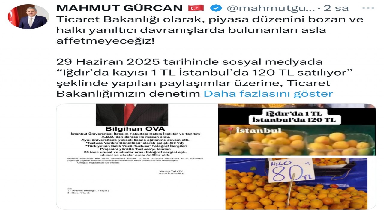 Iğdırda kayısı 1 TL, İstanbulda 120 TL paylaşımına gerçek dışı bilgi yaymaktan 1 milyon 400 bin TL idari para cezası