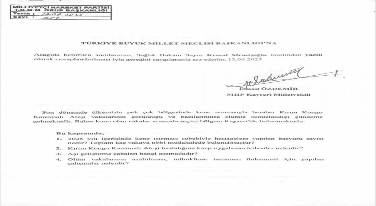 MHPli Özdemirden kene ısırığına soru önergesi
