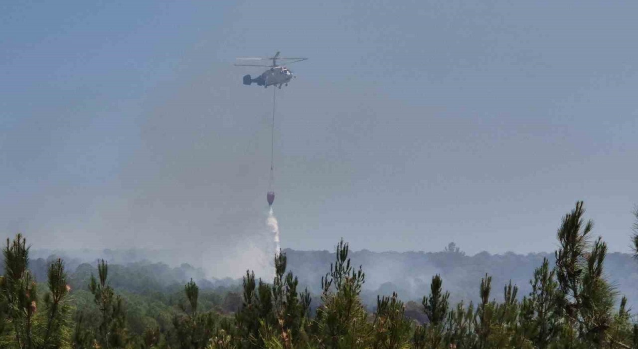 Şarköyde orman yangınına helikopterle müdahale sürüyor