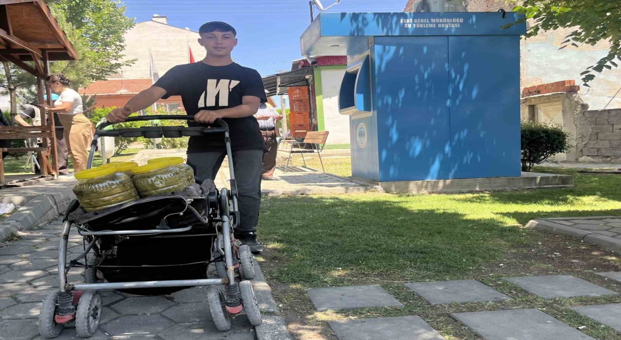 Sokak sokak dolaşıp bebek arabasına yüklediği salamura yaprakları satıyor