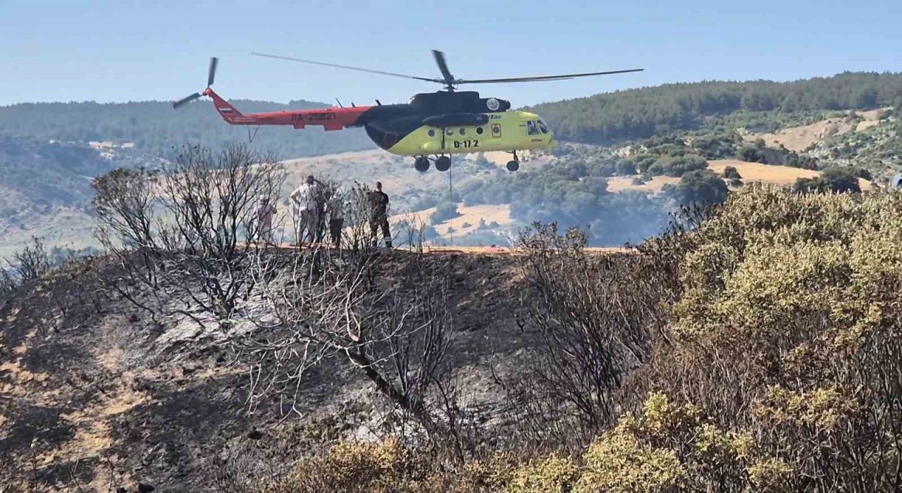Tekirdağda otluk ve makilik alanda çıkan yangına havadan ve karadan müdahale edildi
