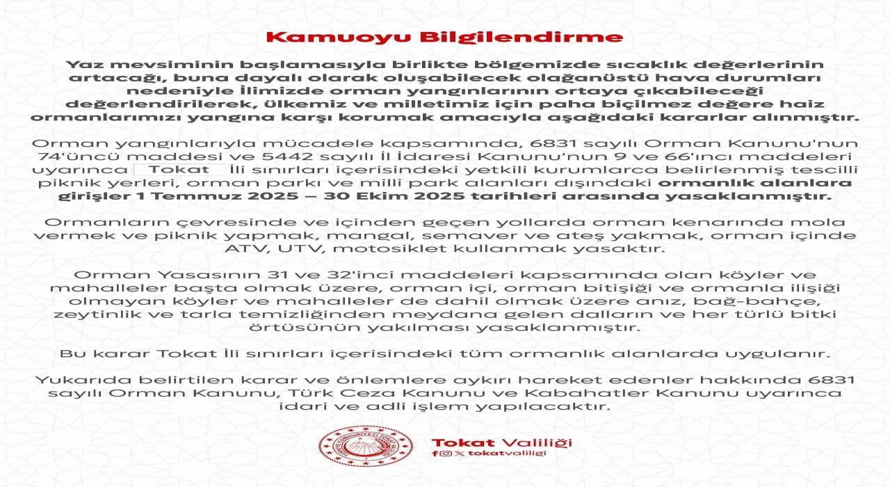 Tokatta yaz aylarında ormanlara girişe kısıtlama getirildi
