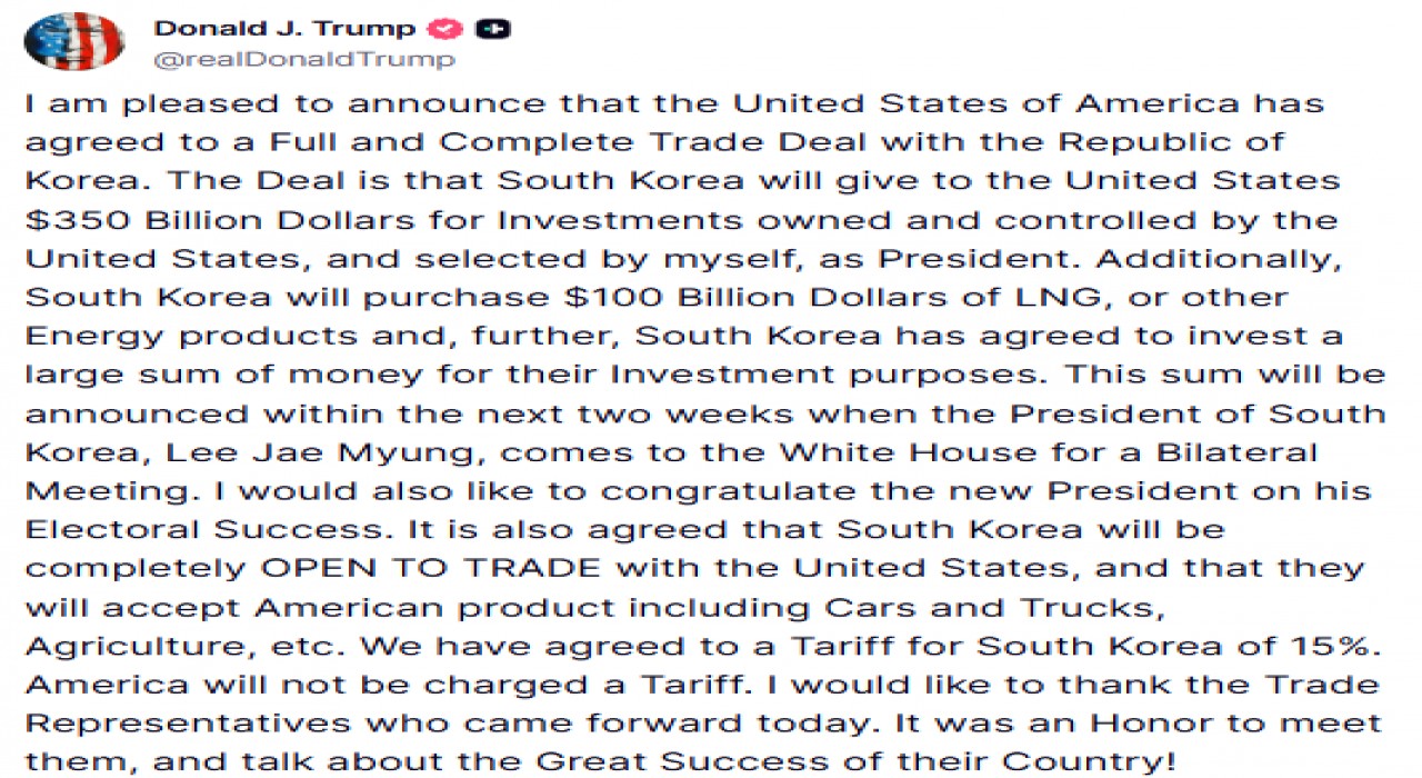 ABD Başkanı Donald Trump, Güney Kore ile ticaret anlaşmasına varıldığını duyurdu