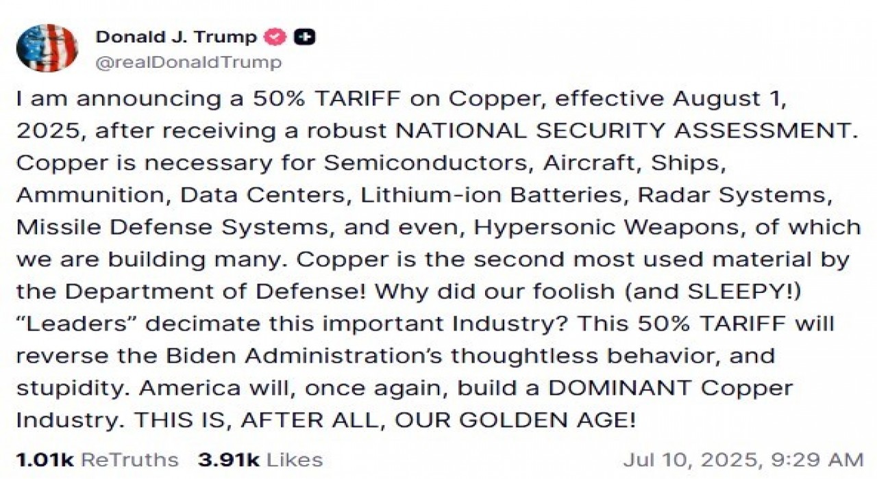 ABD Başkanı Trumptan bakıra yüzde 50lik gümrük vergisi açıklaması: 1 Ağustos itibarıyla yürürlüğe girecek
