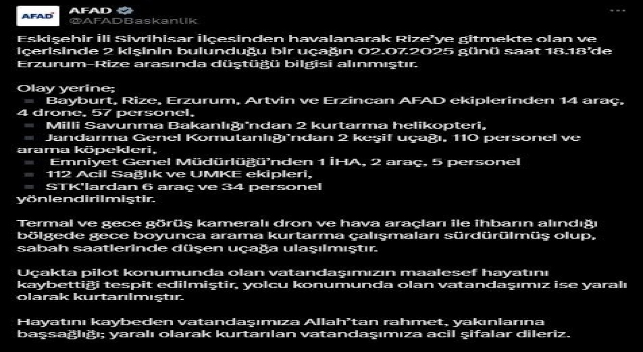 AFAD: Eskişehirden Rizeye giderken düşen uçağın enkazına ulaşıldı