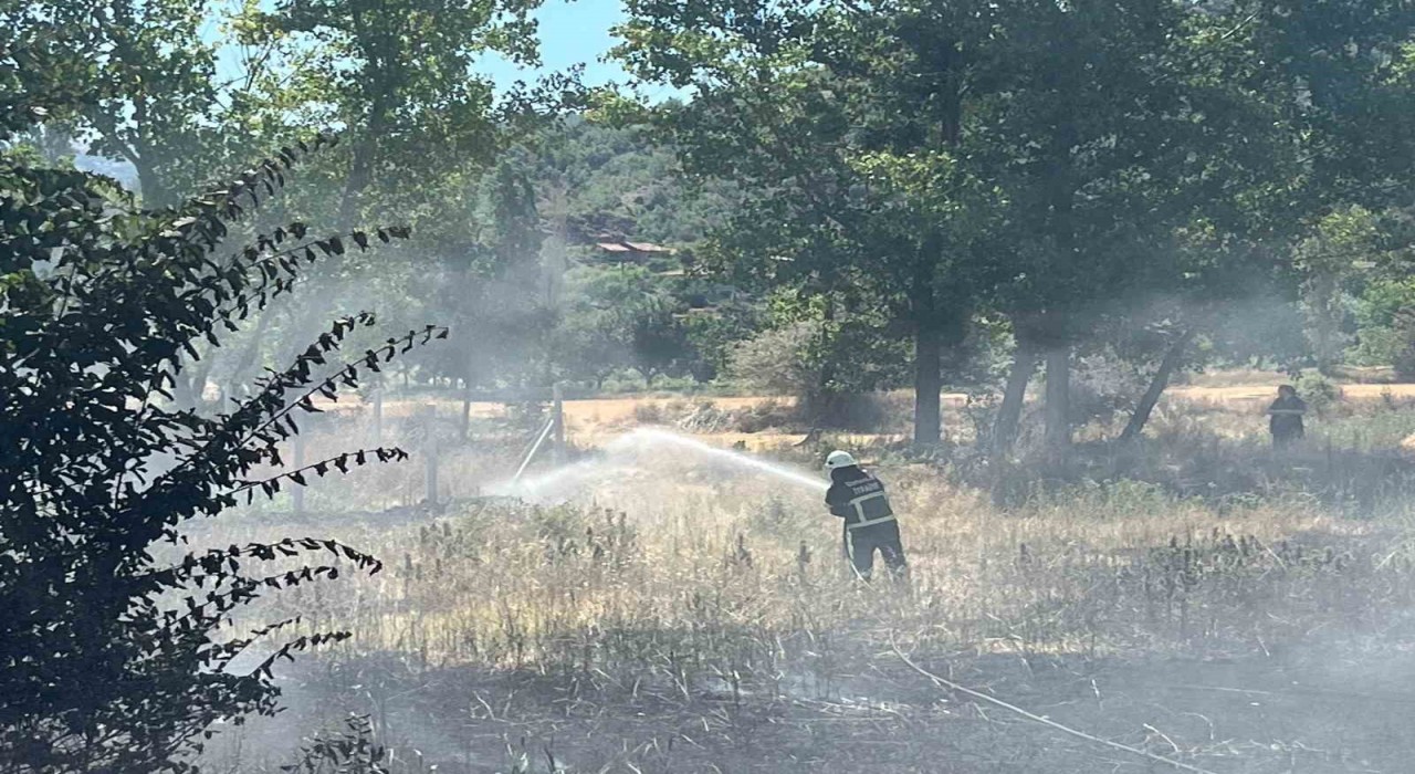Akaryakıt istasyonu yanında çıkan örtü yangını büyümeden söndürüldü