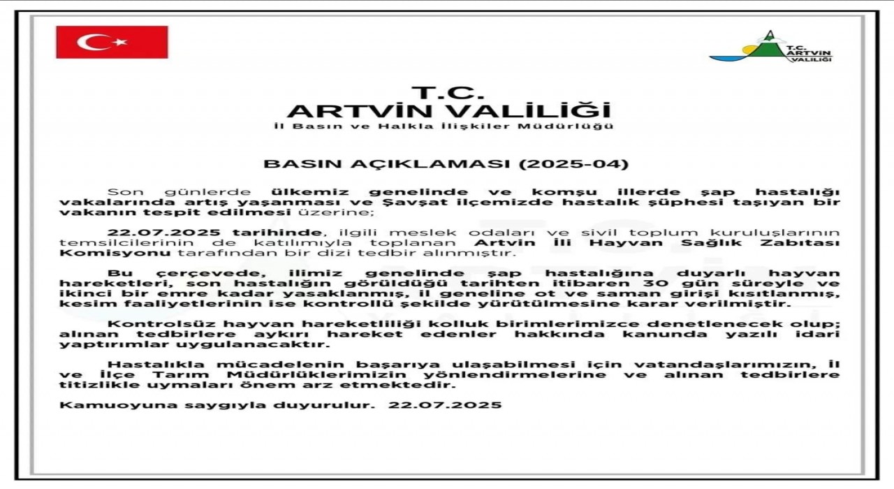 Artvinde şap hastalığına karşı hayvan hareketleri 30 gün yasaklandı