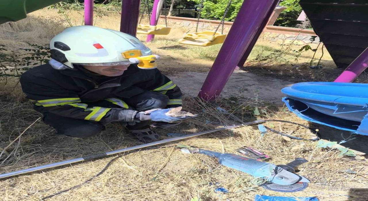 Batmanda kaydırağa sıkışan kediyi itfaiye ekipleri kurtardı