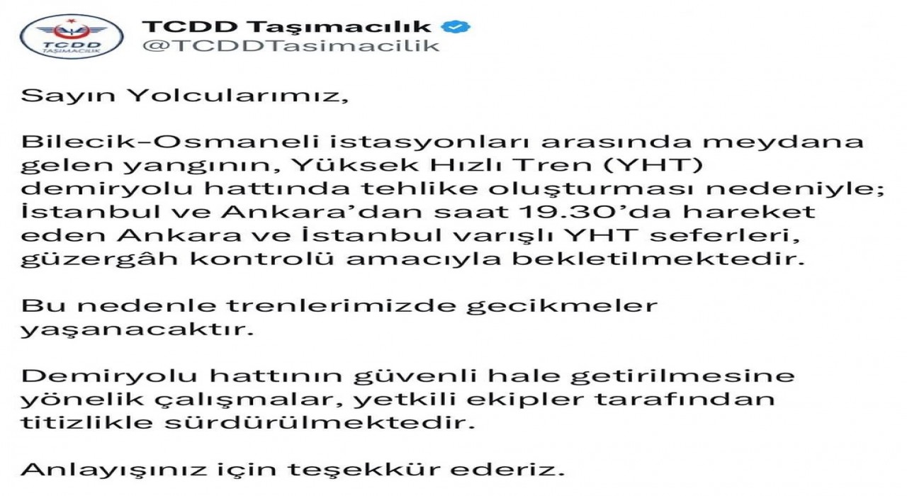 Bllecikteki orman yangını hızlı tren seferlerini olumsuz etkiledi