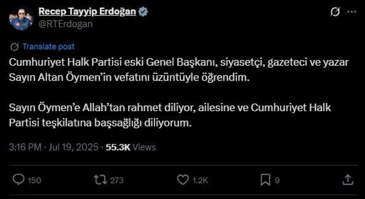 Cumhurbaşkanı Erdoğandan Altan Öymen için taziye mesajı