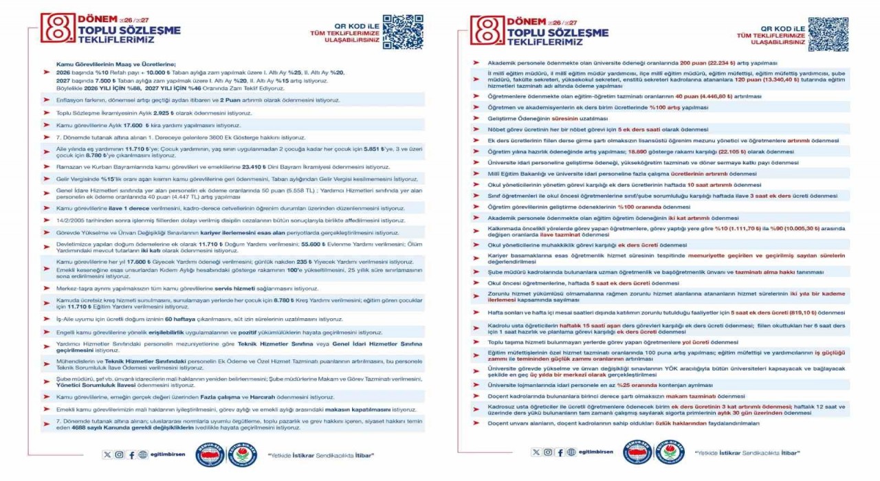 Eğitim-Bir-Sen, eğitimcilerin taleplerini 93 madde ile toplu sözleşme masasına taşıyor