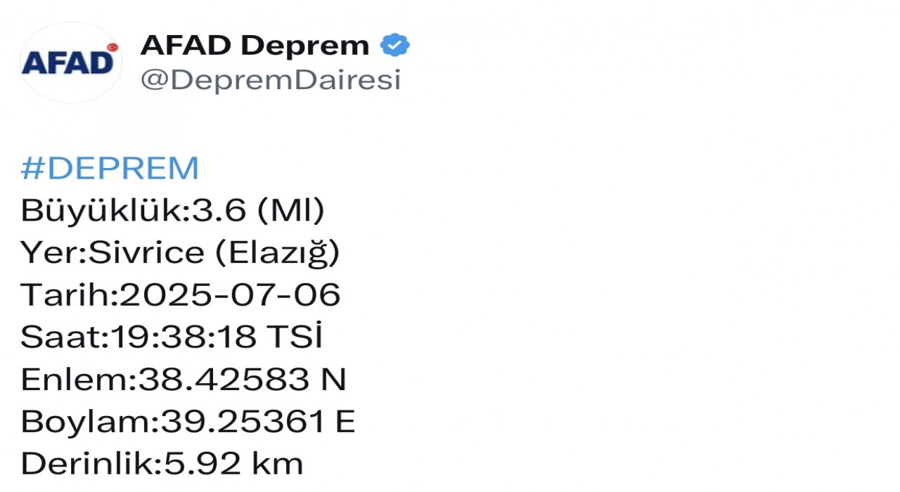 Elazığda 3.6 büyüklüğünde deprem