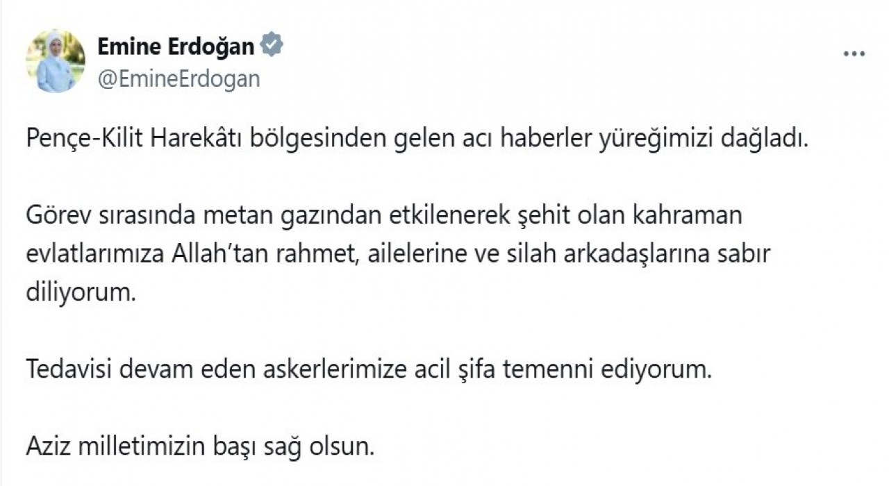 Emine Erdoğandan metan gazına maruz kalarak şehit olan 12 asker için başsağlığı mesajı: