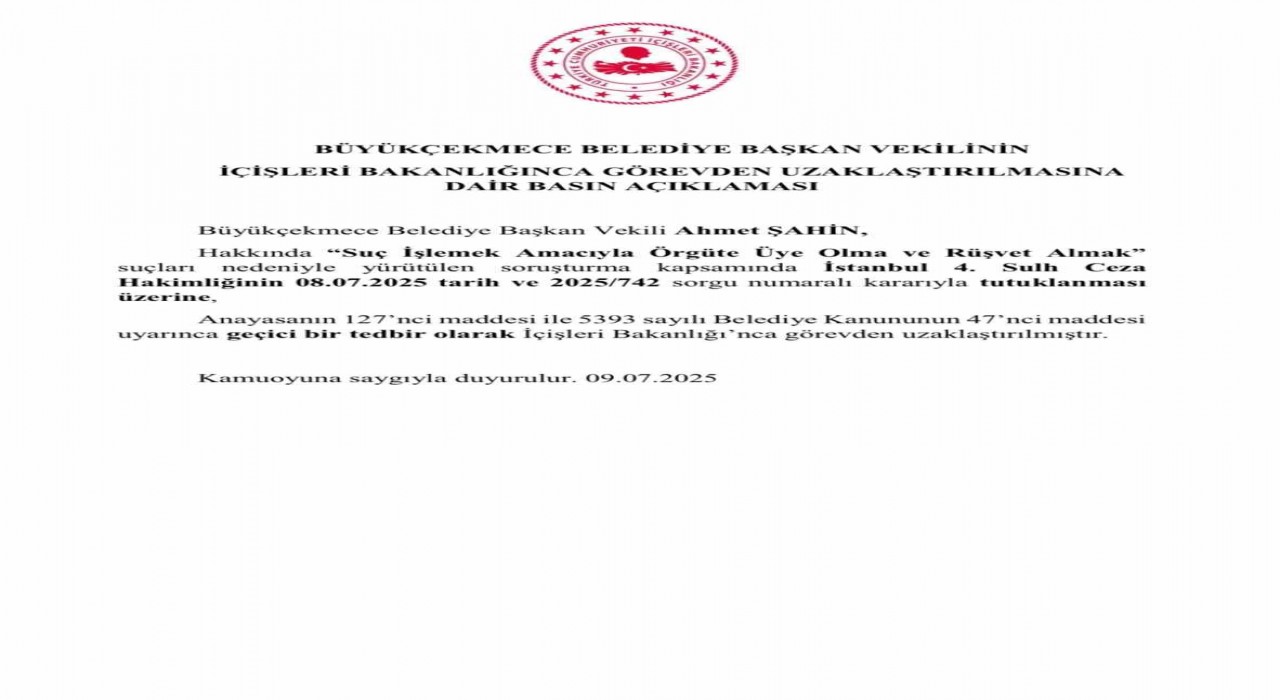 İçişleri Bakanlığı, Adana Büyükşehir Belediye Başkanı ve Büyükçekmece Belediye Başkan Vekili görevden uzaklaştırıldığını açıkladı