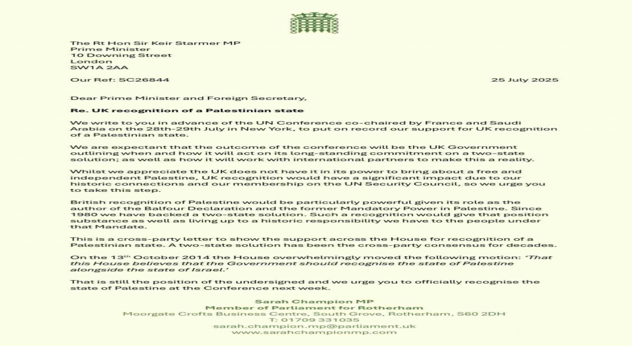 İngilterede 221 parlamenter, Başbakan Starmera Filistinin tanınmasını talep eden mektup gönderdi