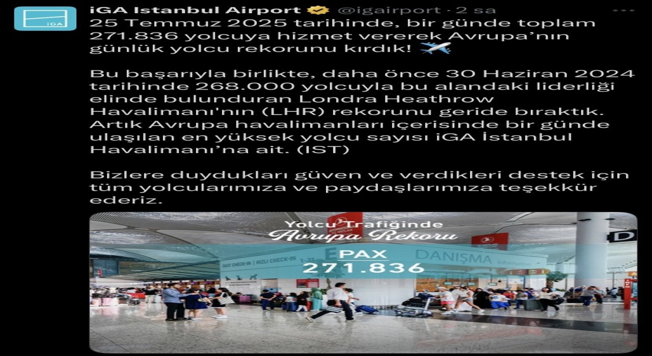 İstanbul Havalimanı 268 bin yolcuyla Londra Heathrow Havalimanını geride bıraktı