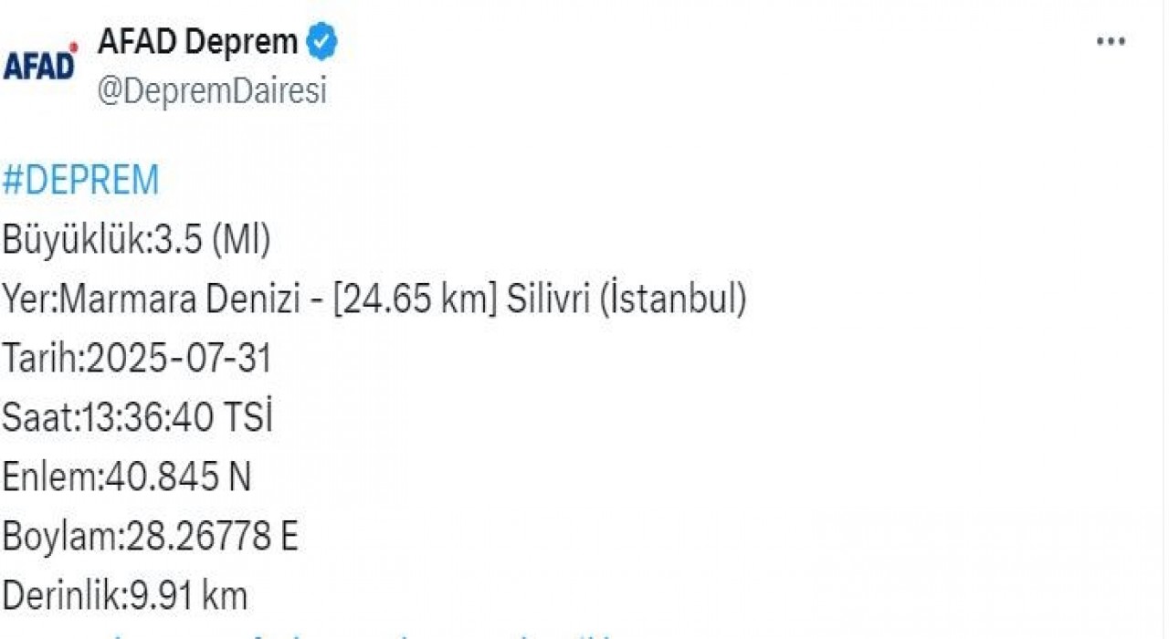 İstanbulda 3.5 şiddetinde deprem oldu