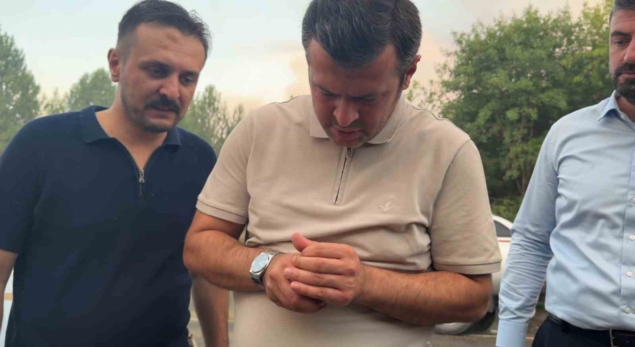 Karabük Belediye Başkanı Çetinkaya, yangında etkilenen serçeye elleriyle su verdi