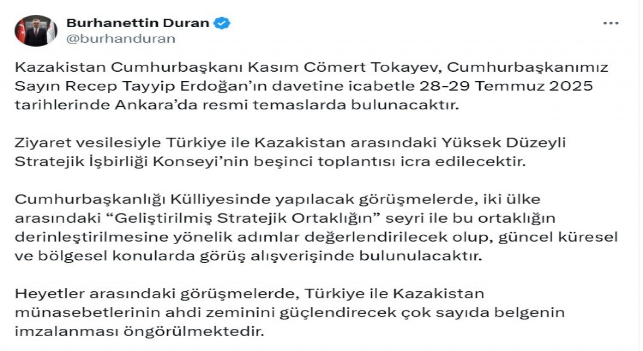 Kazakistan Cumhurbaşkanı Tokayev, Türkiyeye geliyor