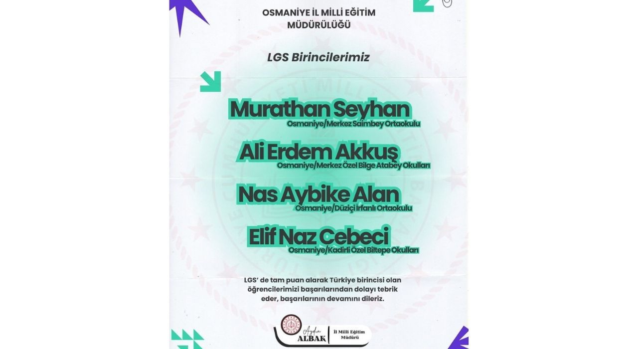 Osmaniye’de LGS Gururu: 4 Öğrenci Türkiye Birincisi Oldu
