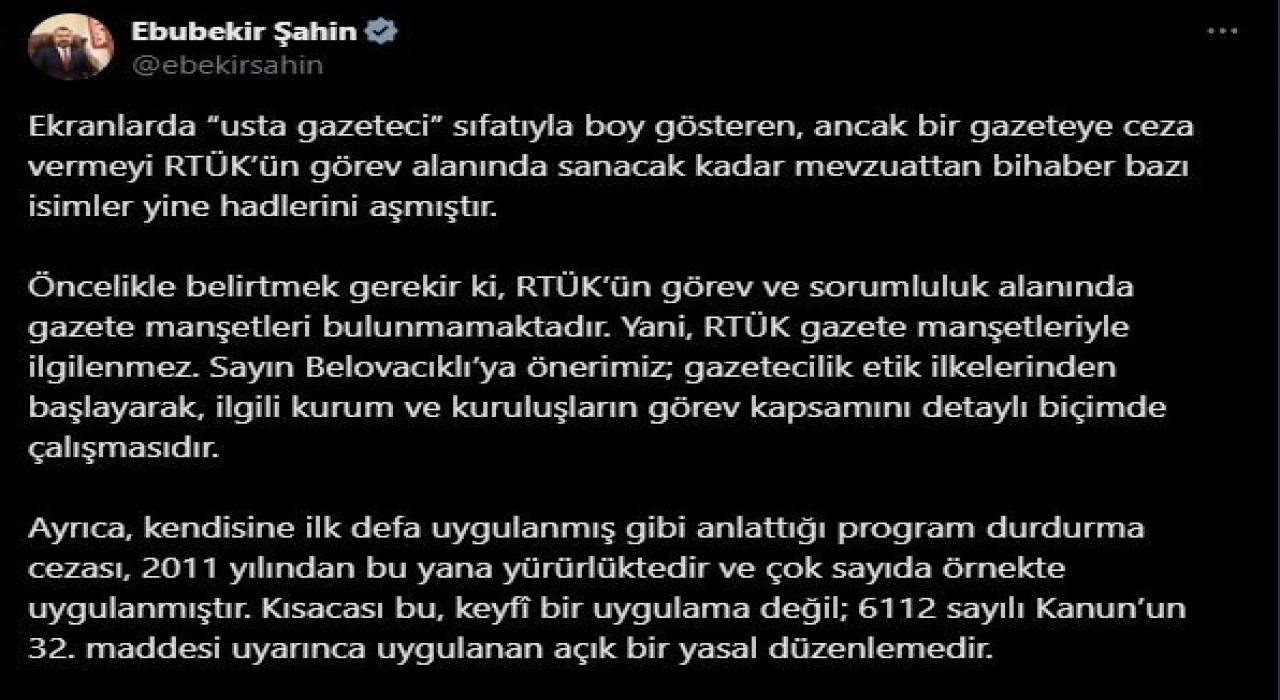RTÜK Başkanı Şahin: RTÜK gazete manşetleriyle ilgilenmez