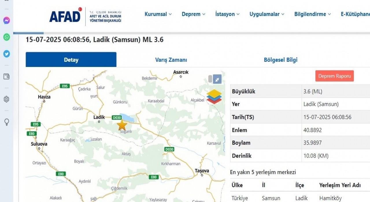 Samsun Ladikte 3.6 büyüklüğünde deprem