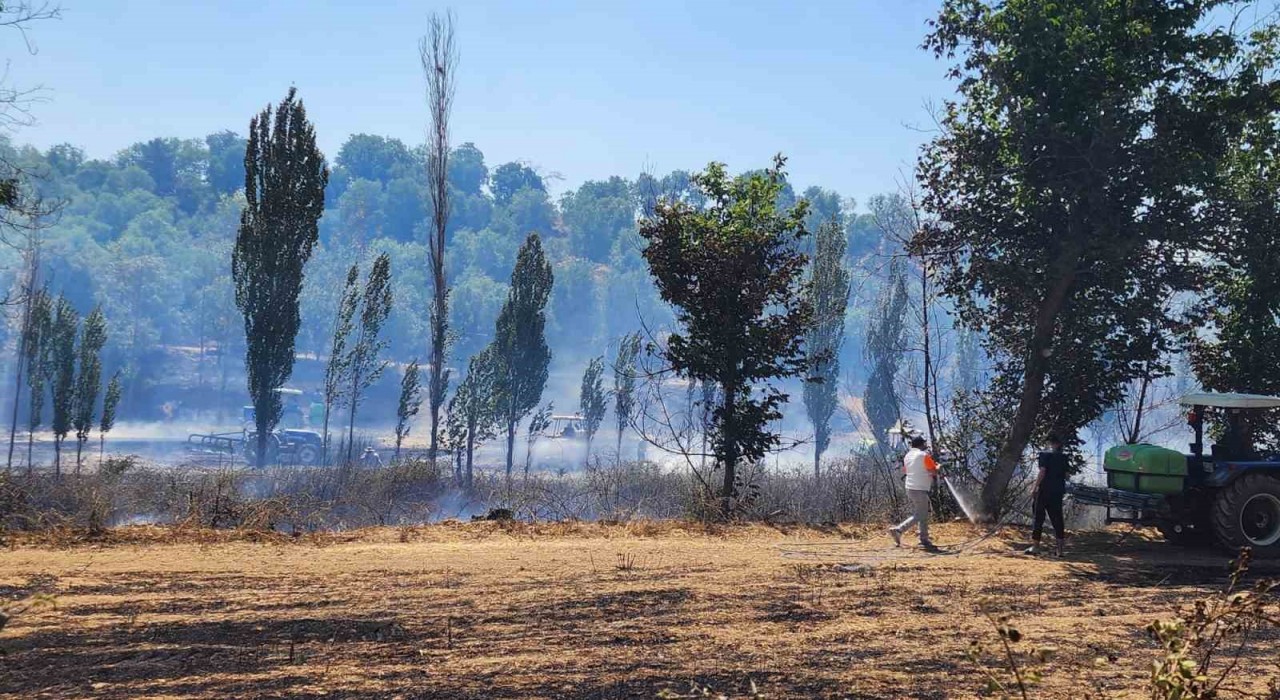 Tarım arazisinde çıkan yangın itfaiye ve çiftçilerin yoğun çabası sonucu söndürüldü