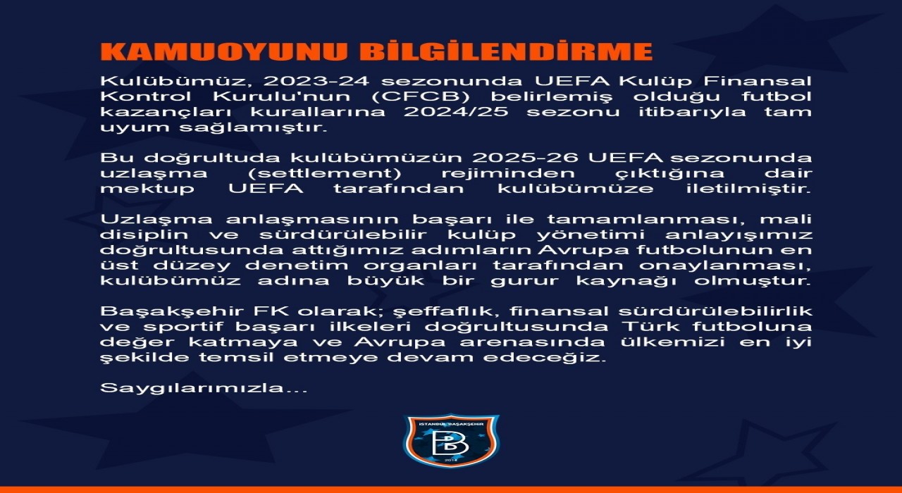 UEFAdan Başakşehire Finansal Kontrol mektubu