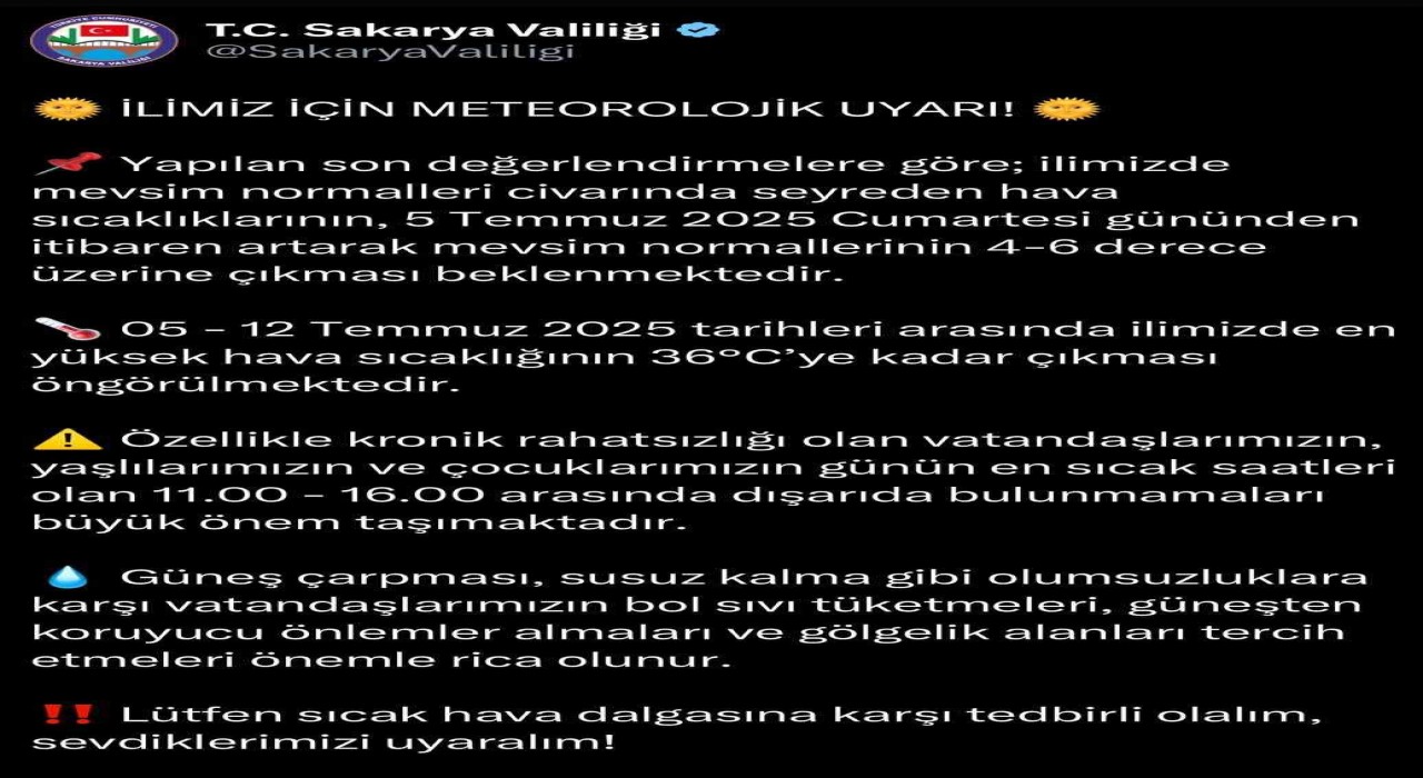 Valilik hava sıcaklıları hususunda uyardı: Sıcaklık yarından itibaren 4-6 derece artacak