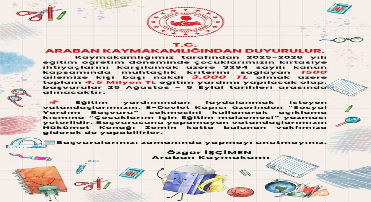 Araban Kaymakamlığı bin 500 ihtiyaç sahibi çocuklara yardım yapacak