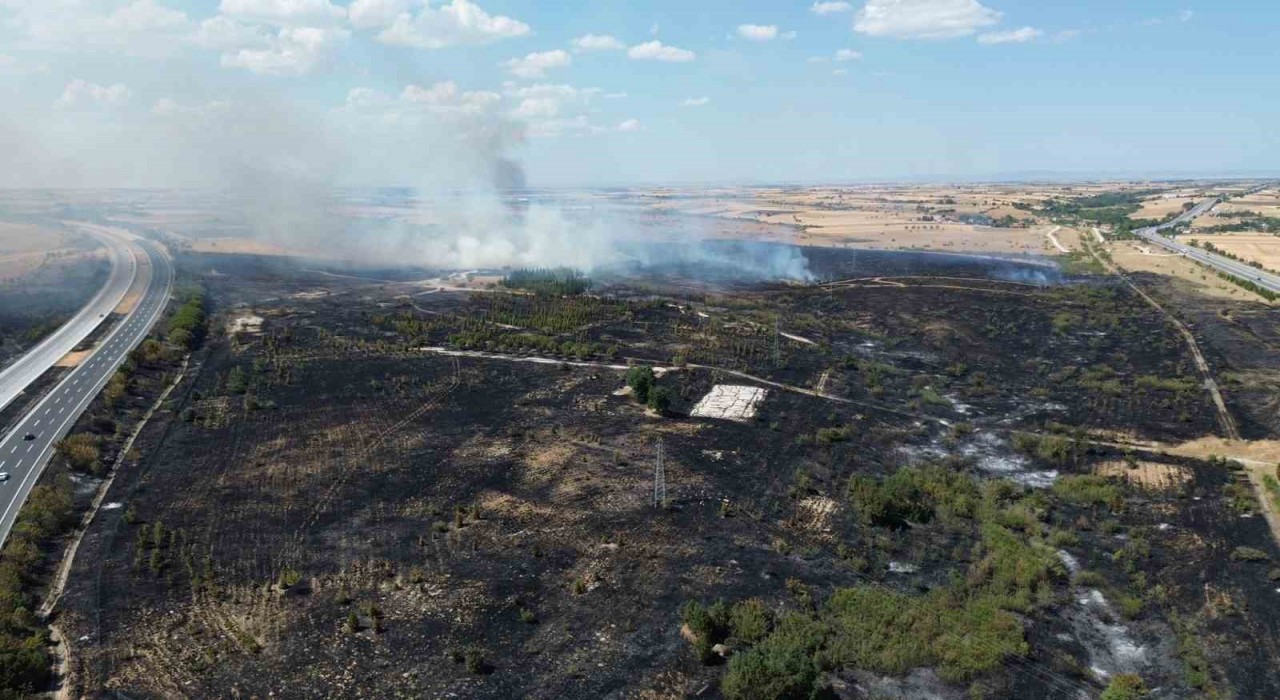 Babaeskide yanan ormanlık alan havadan görüntülendi