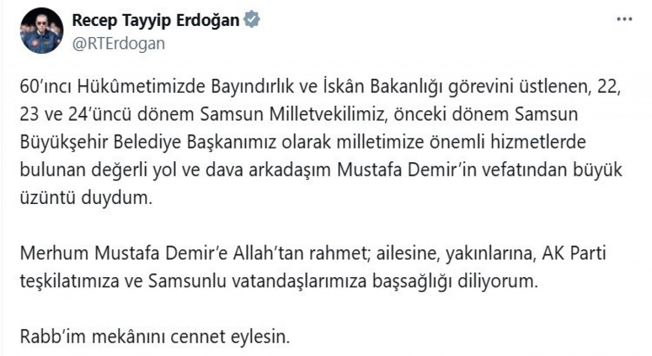 Cumhurbaşkanı Erdoğandan Mustafa Demir için taziye mesajı