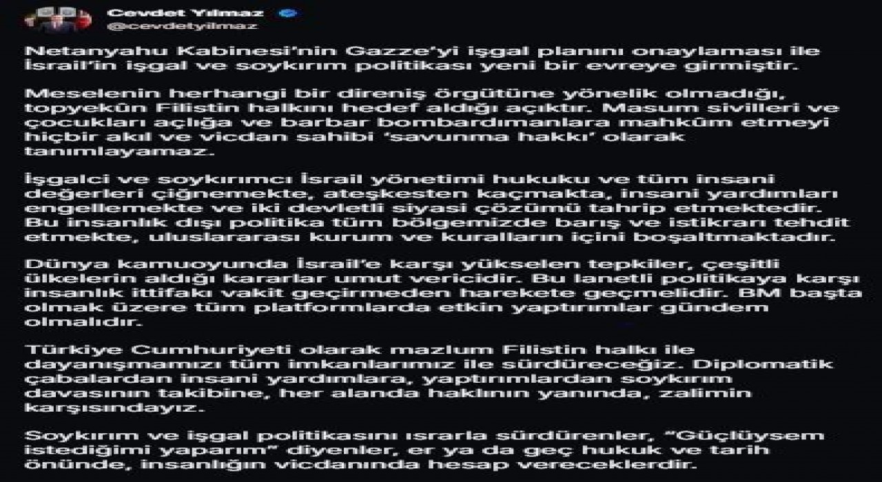 Cumhurbaşkanı Yardımcısı Yılmaz: Mazlum Filistin halkı ile dayanışmamızı tüm imkanlarımız ile sürdüreceğiz