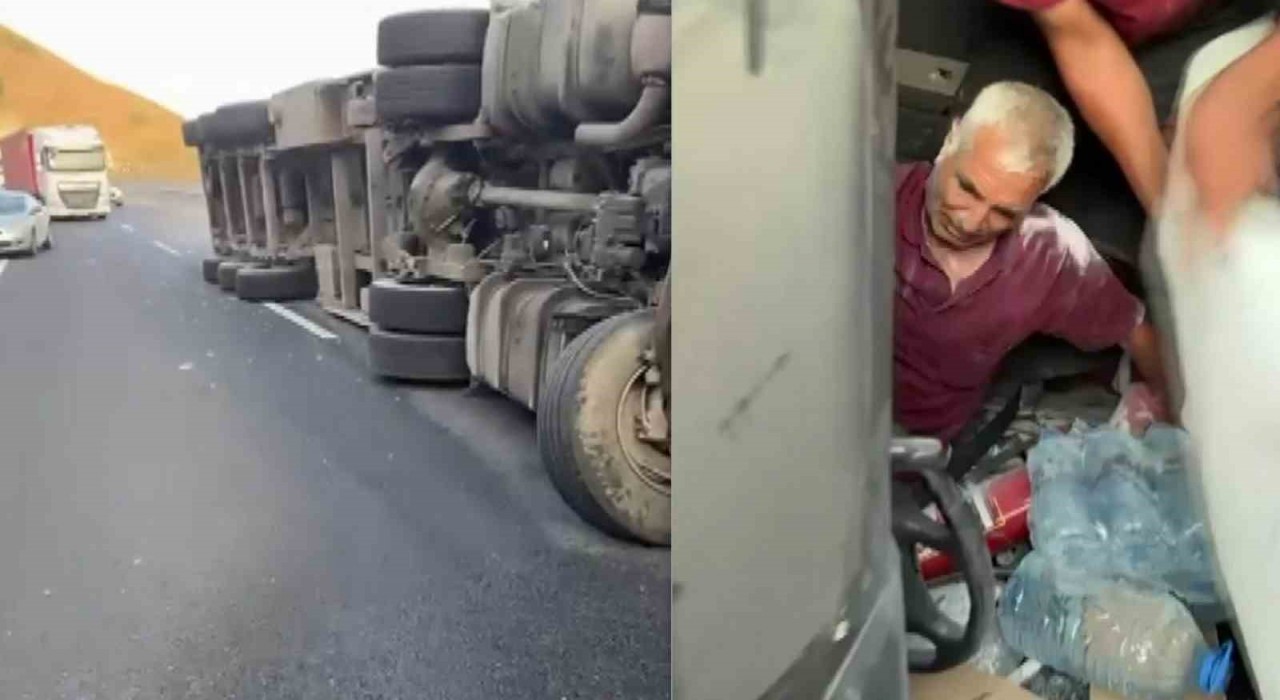 Devrilen tırda sıkışan sürücü vatandaşlar tarafından kurtarıldı
